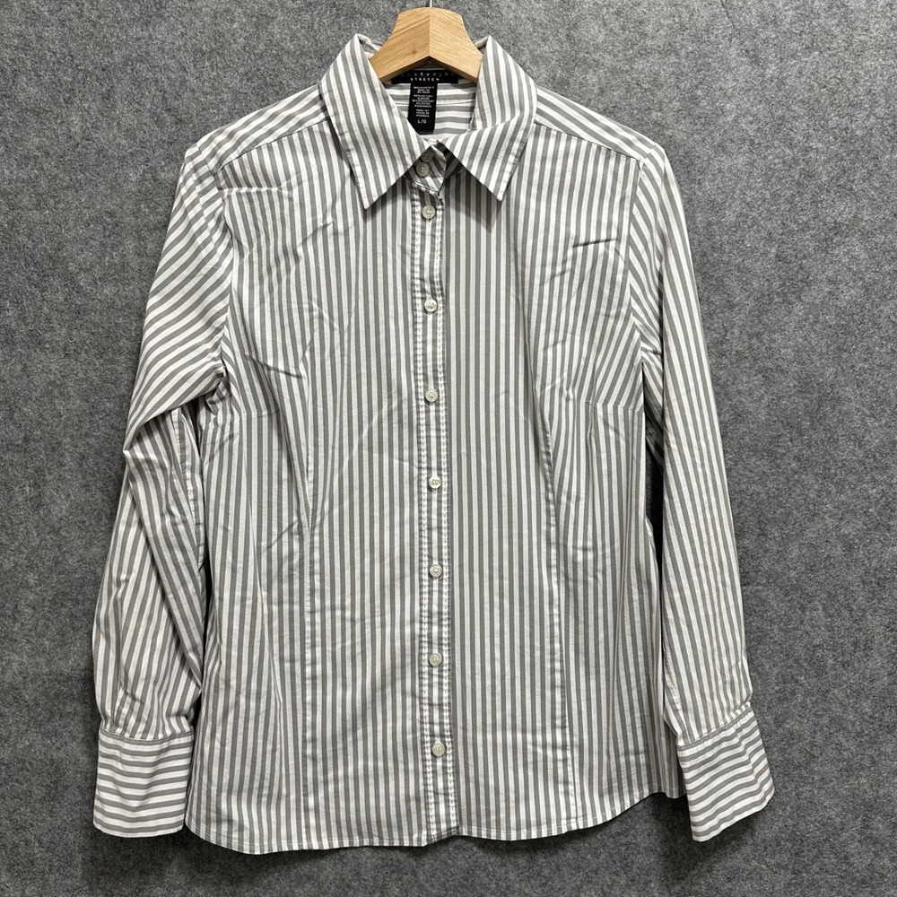 Apostrophe‎ Button Up Shirt Womens Large Gray White Striped Stretch Long Sleeve